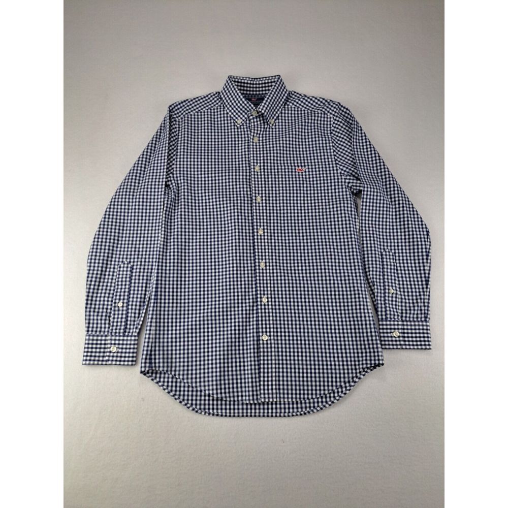 Vineyard Vines Slim Fit Tucker Shirt Men Small Navy Blue Gingham Whale Button Up